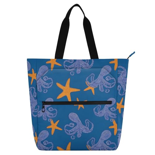 Octopus Starfish Tote Bag for Book Lovers Reusable Bags with Zipper Pocket for School Work Shopping