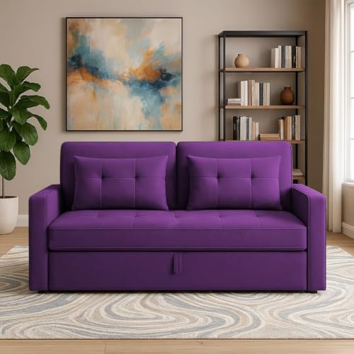 Image of Emilio 2-Seater Sofa Cum Bed for Living Room, Office & Home | Premium Fabric Pull-Out Sofa Set with 1 Year Warranty | Space Saving Convertible Sleeper Sofa for Guests & Daily Use | Purple