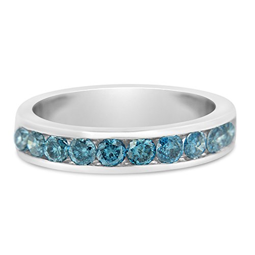 Original Classics 14K White Gold Treated Blue Round Cut Diamond Band Ring (1 Cttw, Blue Color, I2-I3 Clarity) - Size 7-1/4