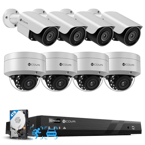 Image of 4COVR 4K 16 Channel Security Camera System, 4K NVR 4TB HDD, LYH54A8M1608 | Human Vehicle Detection, 4 Dome IK10 Vandal-Proof 4 Bullet 8MP Wired PoE IP Camera for Business, IP67 Outdoor, Remote Access