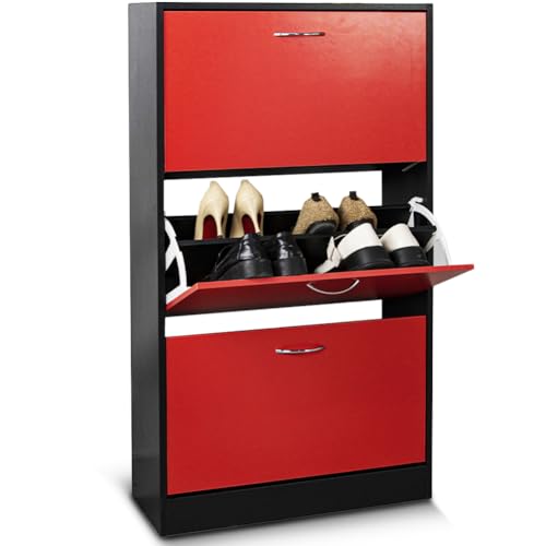 BAKAJI Scarpiera Salvaspazio Slim Portascarpe in Legno Melaminico con 3 Ante a Ribalta e Doppia Profondità Dimensioni 60 x 24 x 120 cm (Rosso e Nero)