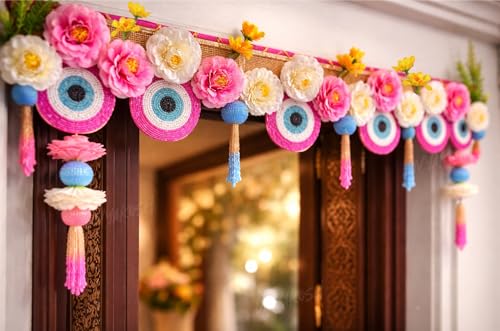 Image of Divyakosh Door Toran for Main Door - 38 Inch| Handmade Floral, Evil-Eye Bandanwar Hanging | Indian Traditional Door Decoration for Diwali, Pooja, Festival & Home Entrance Decor