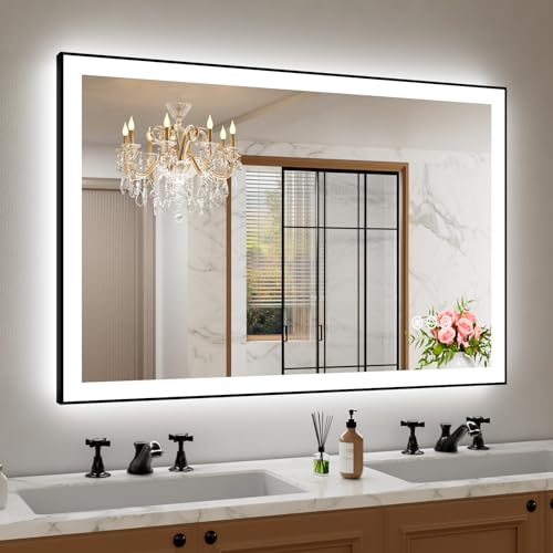 Amorho 48"x 32" LED Bathroom Mirror with Black Frame, Front Light and Backlit(Controlled Separately), Stepless Dimmable, Anti-Fog, Shatter-Proof, 3 Colors, Memory