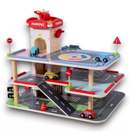 Wooden Car Garage Toy 3 Storey Playset with Lift Ramps & Helipad Includes 4 Cars Helicopter & Accessories Educational Wooden Toy for Kids Toddlers Age 3+
