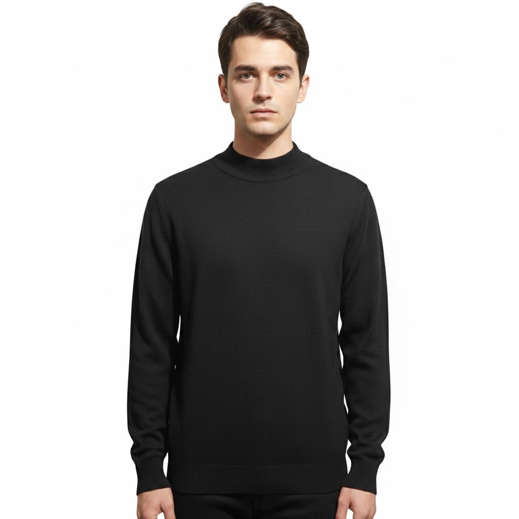 Men Black Single Piece Mock Neck Knitted Pullover Sweater for Winter Office and Casual Wear-picture-51