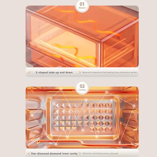 Kompaktowy piekarnik na blacie z ogrzewaniem górnym/dolnym, regulacja temperatury 100-250°C i timer 0-60 min, zawiera stojak do pieczenia i patelnię, pojemność 16 l