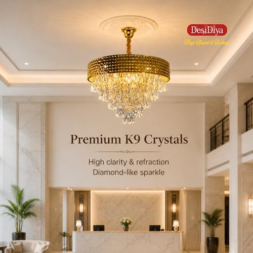 Image of Desidiya LED 400MM Golden Netmesh Modern Chandelier Lights for Ceiling Living Room K9 Crystals Antique Jhumar Light for Hall Decoration, Luxury Ceiling Fixture Light for Living Room, Dining Room