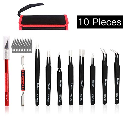Precision Tweezers Set, Kaisi 10 PCS ESD Tweezer Set, Anti-Static Stainless Steel Tweezers Kit Curved Tweezers for Craft, Jewelry, Electronics, Laboratory Work (10PCS)