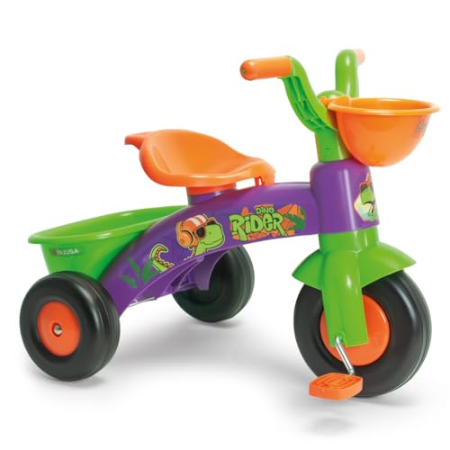 Triciclo Bebe 1 Año 2 Años 3 Años Trico MAX Dino Rider - Triciclo Infantil para Niños y Niñas - Triciclo Ligero con Pedales + Cesta Delantera y Trasera Portaobjetos - INJUSA