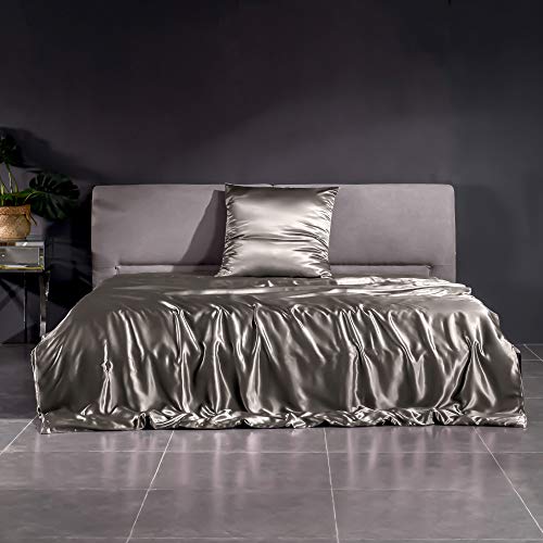 THXSILK 22 Momme Seidenbettwäsche Set 2 teilig, Bettbezug 135 x 200 cm und 80 x 80 cm Kissenbezüge, Hypoallergen Maulbeerseide Bettwäsche Set, Ultra Weich und Glatt, DunkelGrau