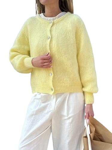 Kiluex Women's Cropped Knit Cardigan Long Sleeve Round Neck Button