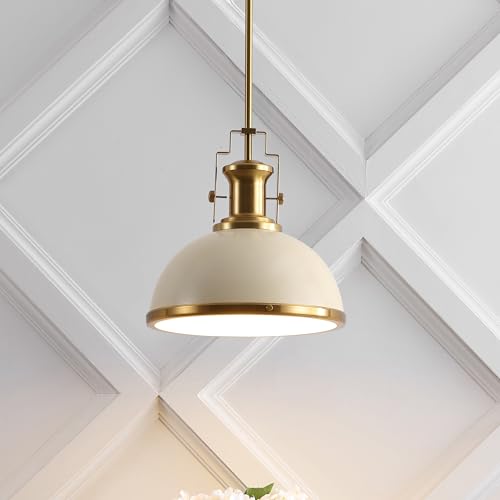 Image of JONATHAN Y Homer Industrial Dome Pendant 13 inch, Almond /Brass Gold | 1-Light, Farmhouse Style, Adjustable Hanging Height, Glass Diffuser, Sloped Ceiling Compatible, Metal, LED Bulb Included