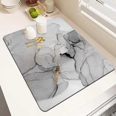 MCALK Marble Grey Dish Drying Mat for Kitchen Counter, Gray Dish Drying Pad with Anti-Slip Rubber Base, Absorbent Kitchen Sink Mat with Modern Art Decor (1 pc 18" x 16") Cover