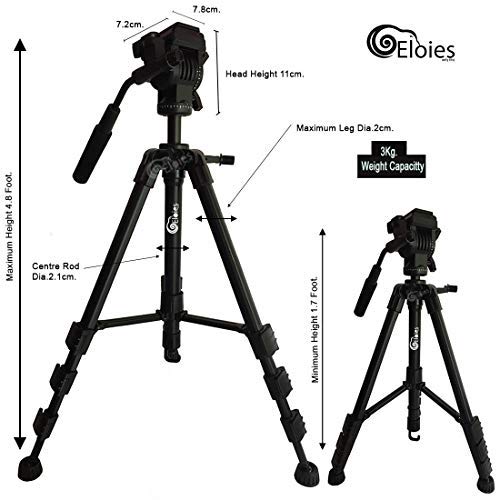 Image of Eloies EL974 Professional Series Heavy Duty Tripod Aluminium Made Adjustable with Cannon Nikon Sony Olympus Cameras & Mobile Phones| Three Way Pan Fluid Head Max Height 4.8 Foot.