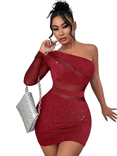 Amazon.com: WDIRARA Women's One Shoulder Glitter Mesh Long Sleeve Cocktail  Bodycon Dress Burgundy XS : Clothing, Shoes & Jewelry