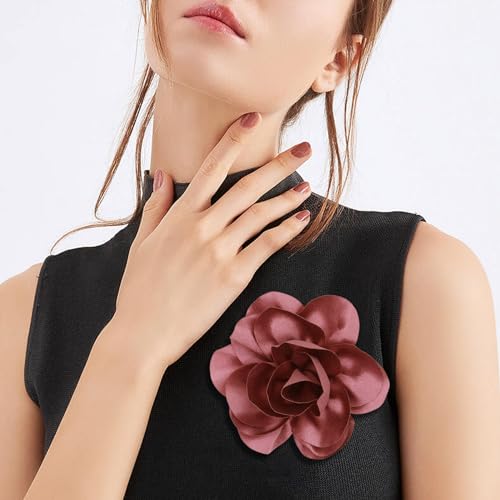 Image of Dainty Satin Fabric Flower Brooches for Women Large Rose Floral Brooch for Party Dance Wedding Banquet Elegant Camellia Fashion Brooch Pin for Women Girl 5.5inch
