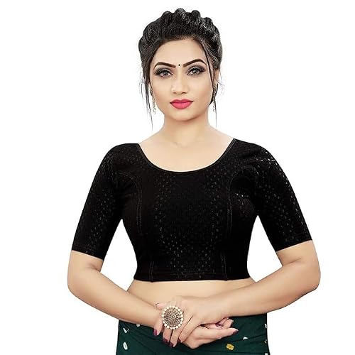 Accessorize Kingdom Round Neck Dobby Cotton Lycra Stretchable Elbow Sleeve Readymade Saree Blouse for Women Stylish (Black, Free size-38-42)