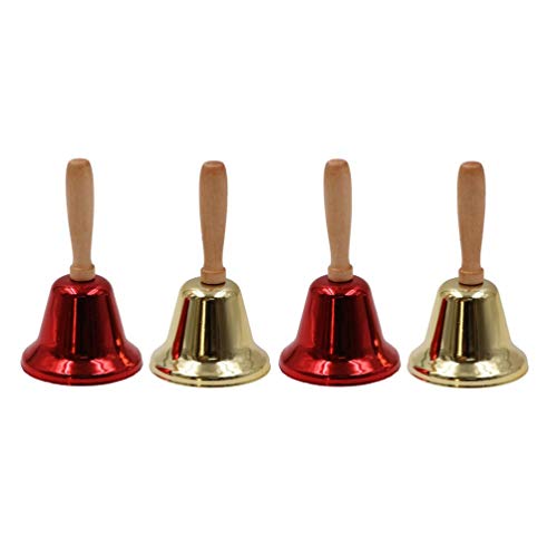 PRETYZOOM Christmas Hand Bell With Wood Handle - Metal Call Bell for Calling Attention and Assistance - Kids Gift (2 Golden + 2 Red)