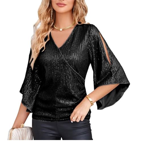 Sequin Tops for Women Elegant Sparkly Glitter Dressy Shirts Flared Sleeve V Neck Blouses Ruched Slim Party Club Shirt