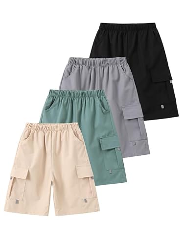 Fdqin Boys Shorts Summer Athletic Shorts with Pockets for Outdoor Camping Hiking Fashion Clothes for Kids 4 Pack 9-10 Years