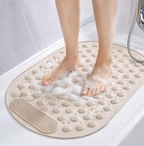Image of Homecloud Anti Skid Mat for Bathroom Floor Shower mats for Bathroom Anti Slip with Foot Scrubber Bath mat Anti Slip with Suction Cups & Drain Holes (69x35 Cm) (Oval Beige)