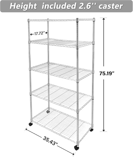 Image of Simple Deluxe 5-Tier Heavy Duty Storage Shelves, 1750 Lbs Loading Capacity, 35.43 inch W x 17.72 inch D x 70.87 inch H Adjustable Shelving Unit with Wheels, Chrome