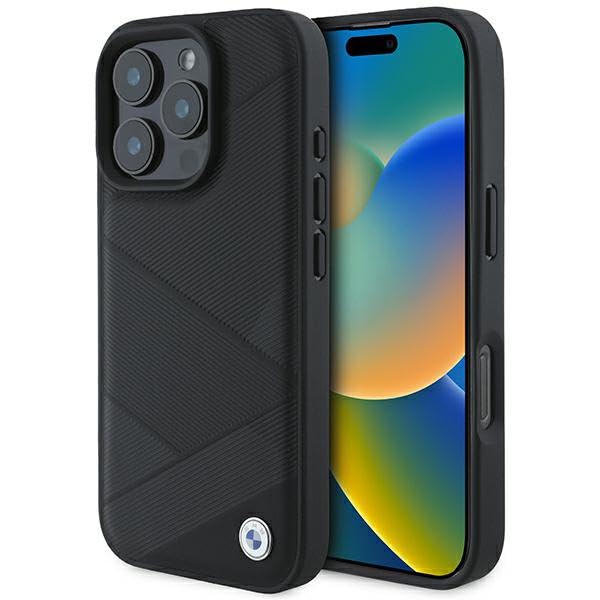 CG Mobile BMW BMHCP16L23RCGPK Coque pour iPhone 16 Pro 6,3" Noir Étui Rigide en Cuir Motif Lignes croisées
