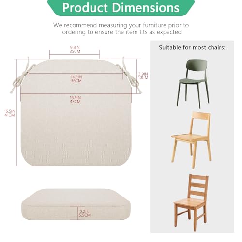 Helios&Hestia Indoor Dining Chair Cushions with Ties for Kitchen, Outdoor Seat Pads with Removable Cover, Non-Slip Bottom, Waterproof, High-Resilient Foam, 17" x 16" x 2", Set of 4, Beige — view 5