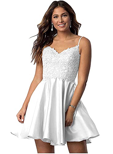 BTgirl Women s Short Lace Beaded Homecoming Dresses Lace Appliques Short Spaghetti Strap Prom Dresses with Pockets White