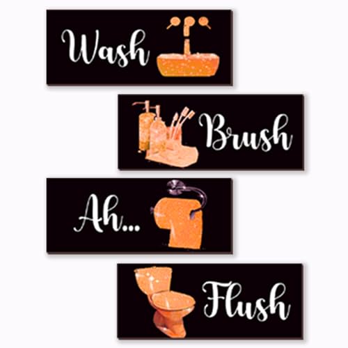 FENCORDAR 4 Pcs Orange Bathroom Decor Funny Orange And Black Wall Art Wooden Bathroom Accessories Modern Glitter Set for Home Toilet Decoration 10x4 Inches