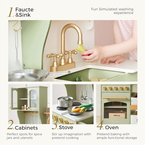Image of Tiny Land Wooden Play Kitchen for Kids with Toy Storage for Pretend Play