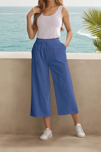 Image of LNX Womens Linen Capri Pants Wide Leg High Waisted Drawstring Casual Cropped Pants with Pockets