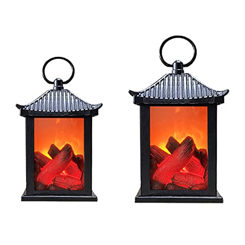 2PC Fireplace Lantern, USB Powered Simulation Flameless Fire Lights Tabletop Fireplace Lantern, LED Flame Log Effect Fire Place Lantern