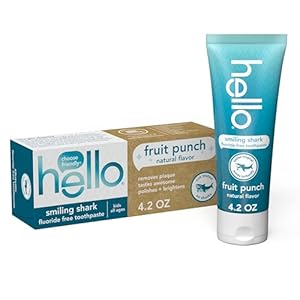 Hello Smiling Shark Fluoride Free Kids Toothpaste, Children’s Fluoride Free Toothpaste, Safe for All Ages, Helps Brush Away Plaque and Helps Polish Teeth, SLS Free, Natural Fruit Punch, 4.2 oz Tube