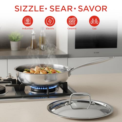 Image of Vinod SAS Pro Platinum Triply Hybrid Non Stick Saute Pan with Lid, (20cm) | Durable Stick Free Cooking Surface | for Curry, Stir Fry, Deep Fry, Sauteing & Roasting | Induction & Gas Compatible