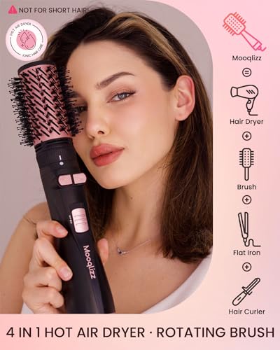 Mooqlizz Rotating Hair Dryer Brush, 3 in 1 Round Hot Air Spin Brush Set, Volumizer Blow Dryer Brush with 2 Brushes and Concentrator, Pink Black - Thumbnail 2