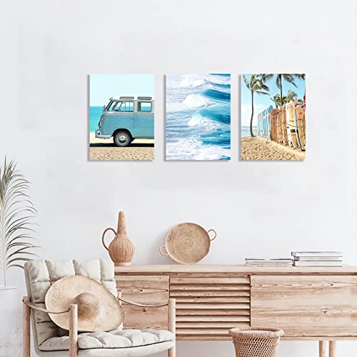 Beach Picture Coastal Palm Trees Picture Print Bus Artwork Seashore Artwork Picture Surfboard Poster Blue Surfboard Print Painting Ocean Bathroom Wall Art 3 Pieces Each Panel 12X16Inch Unframed #TOP4