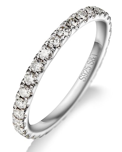 Moissanite Wedding Band, 2mm Full Eternity Ring Stacking, S925 Sterling Silver, 18K White Gold Plating, Round Brilliant Cut, Ring Size 6-8