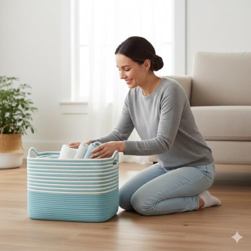 Image of Large Storage Basket, Woven Blanket Basket, Toy Basket with Handle, Laundry Hamper for Living Room, Nursery, Bedroom- 20x15x12 (LXWXH) (sky blue mix)