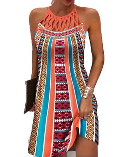 GRMLRPT Vestidos para Mujer sin Mangas Boho Vestido de Verano Estilo étnico Elegante Malla Impresa Vestidos Retro Cuello Halter Vestido de Ocio Vestidos de Playa Mujeres(Multicolor,L)