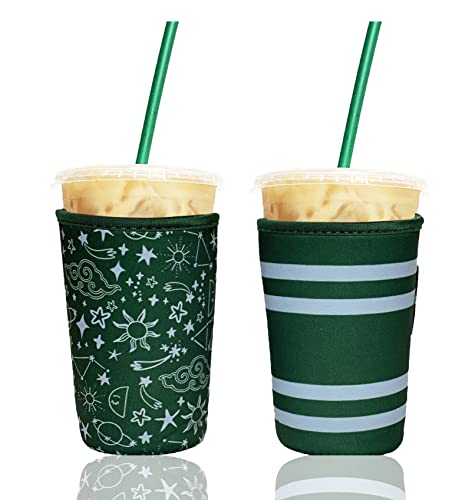 Baxendale and Co Reusable Neoprene Insulator Sleeves for Iced Coffee and Cold Drink Cups (2 PK Medium 22-24oz, Green Wanderlust)