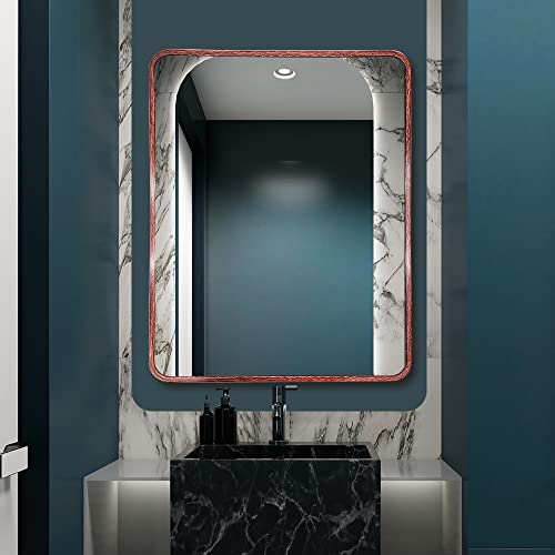 Walnut Bathroom Mirror 22"X28" For Wall - Rectangular Aluminum Metal Frame With Round Corners - Wall Mounted Mirror With Glass Panel - Vanity Mirror For Decoration Hanged Vertically/Horizontally #TOP6