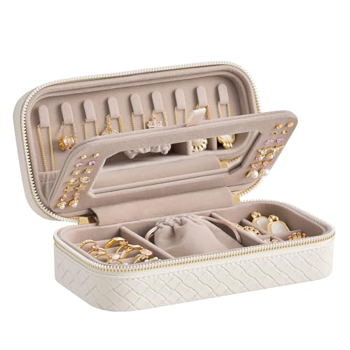 SONGMICS HOME Joyero de viaje, caja organizadora de joyas con espejo, bolsa de joyería, piel sintética tejida en relieve, almacenamiento portátil de joyas, idea de regalo, color blanco nube UJBC197W01