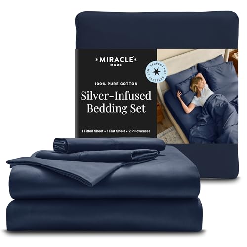 Image of Miracle Made Breathable Cotton Bed Sheets, 4-Piece Set - Silver-Treated, Soft and Cool-to-the-Touch Lightweight Bedding Designed for Hot Sleepers - Queen Size, Navy Blue