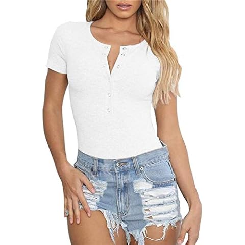 Artfish Womens Ladies Crew Neck Short Sleeve Bodysuit Button Down Henley Leotard Top White, M Cover