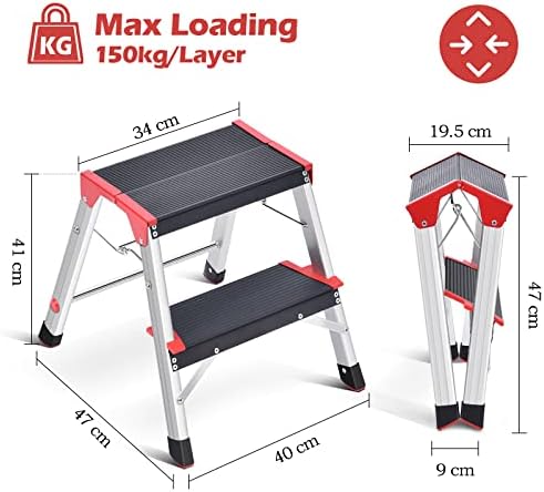 Kingrack Aluminum Step Ladder 2 Step, Lightweight Step Stool with Widened Platform, Multi Purpose and Anti-Slip Folding Step Stool, Maximum Load 150 Kg, Red