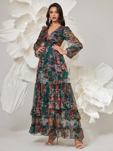 Image of TOLEEN Summer Casual Dresses for Women 2024 Spring Fashion Boho V Neck Long Sleeve Ruffle Floral Print Elegant Maxi Dress