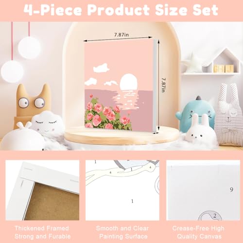 Image of HASTHIP 4PCS DIY Oil Painting Kit by Numbers with Frames, Wall Art for Adults & Kids, 7.8x7.8 Inch Canvas, Painting Tools, Vibrant Home Decor, Craft Kit Gift Set