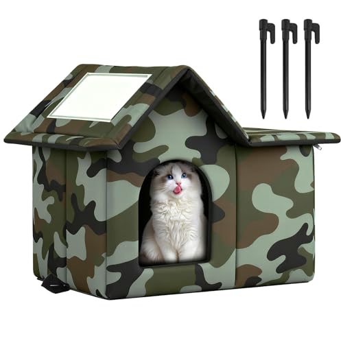 QEEYON Katzenhaus Outdoor, Winterfeste Katzenhöhle für Draußen - Wasserdicht & Wetterfest, Faltbare Hundehütte Katzenhaus Tierheim Für Streuner...