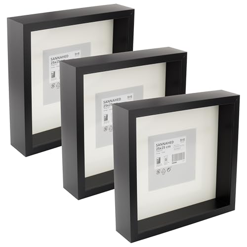 Set of 3 x SANNAHED Deep 3D Box Square Photo Display Frames, Black, 25 x 25 cm (13 x 13 cm with mat), Wall Mount/Free Standing
